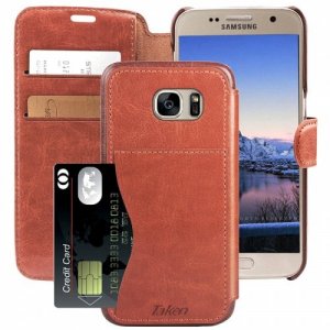 Leather Wallet Case with Credit Cards Slot for Samsung Galaxy S 7 - S7 - MAHOGANY