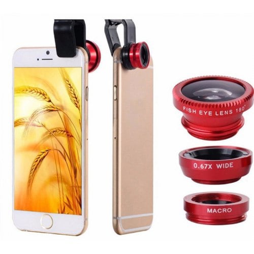 Universal 3 in 1 Wide Angle Macro Fisheye Mobile Phone Lenses Kit with Clip Fish Eye Lens - RED - Click Image to Close