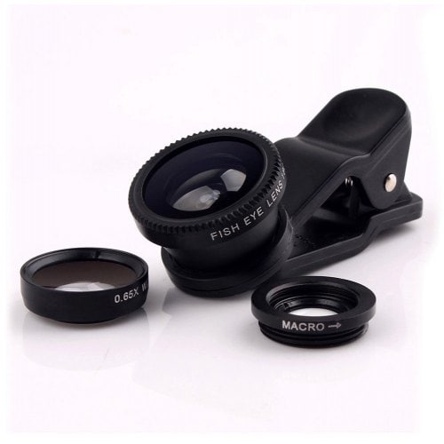 3 in 1 Mobile Phone Camera Lens Kit 180 Degree Fish Eye Lens + 2 in 1 Micro Lens + Wide Angle Lens - BLACK - Click Image to Close
