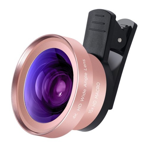 2 in 1 HD Camera Lens Kit - 0.45X HD Super Wide Angle 15X Macro Lens - ROSE GOLD - Click Image to Close
