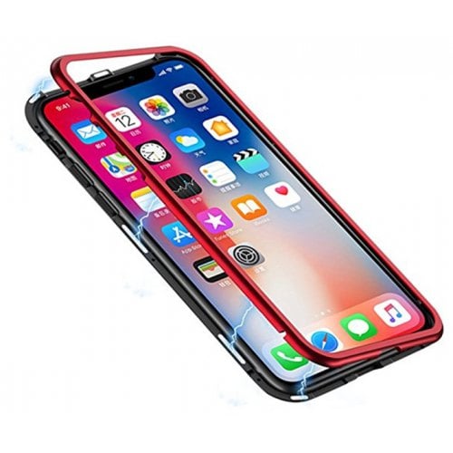 Magnetic Adsorption Case Tempered Glass Metal for iPhone X - RED - Click Image to Close