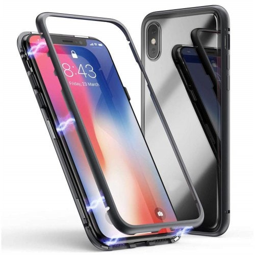 Magnetic Adsorption Tempered Glass Metal Case for iPhone XS Max - BLACK - Click Image to Close