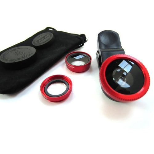 3 in 1 Mobile Phone Camera Lens Kit 180 Degree Fish Eye Lens + 2 in 1 Micro Lens + Wide Angle Lens Red - RED - Click Image to Close