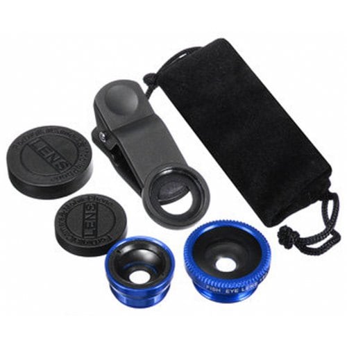 3 in 1 Mobile Phone Camera Lens Kit 180 Degree Fish Eye Lens + 2 in 1 Micro Lens + Wide Angle Lens Blue - BLUE - Click Image to Close