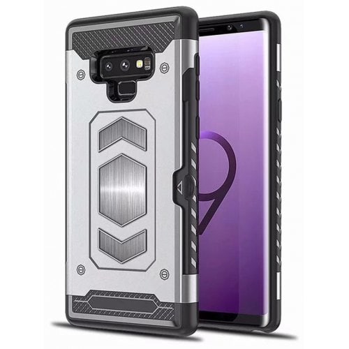 Card Slot Hybrid Armor Built-in Magnetic Metal Case for Samsung Galaxy Note 9 - SILVER - Click Image to Close