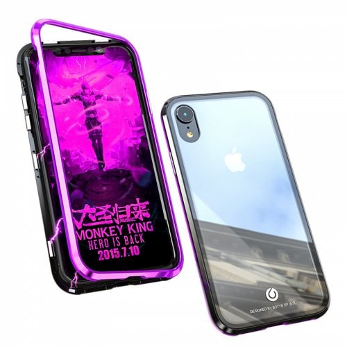 Mobile Shell Metal Xr Mobile Phone Cases Magnetic King Glass Shell for iPhone XS - BLACK PURPLE - Click Image to Close