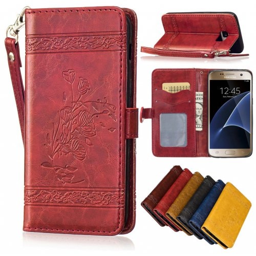 for Samsung Galaxy S6 Case Cover Embossed Oil Wax Lines Phone Case Cover PU Leather Wallet Style Case - RED - Click Image to Close