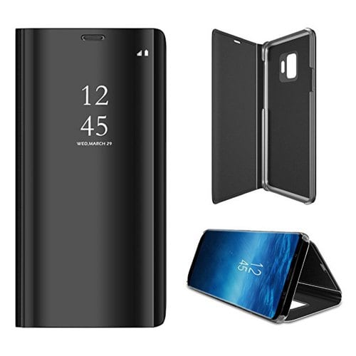 for Galaxy S9 Case Translucent View Mirror Flip Electroplate Stand - BLACK - Click Image to Close