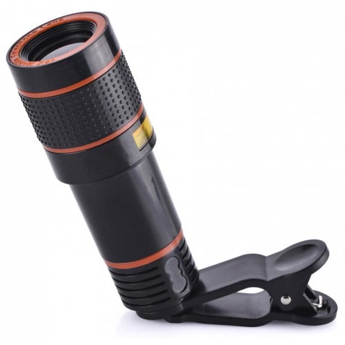 HD 12x Optical Zoom Camera Telescope Lens With Clip For iPhone-For Phone Univers - BLACK - Click Image to Close