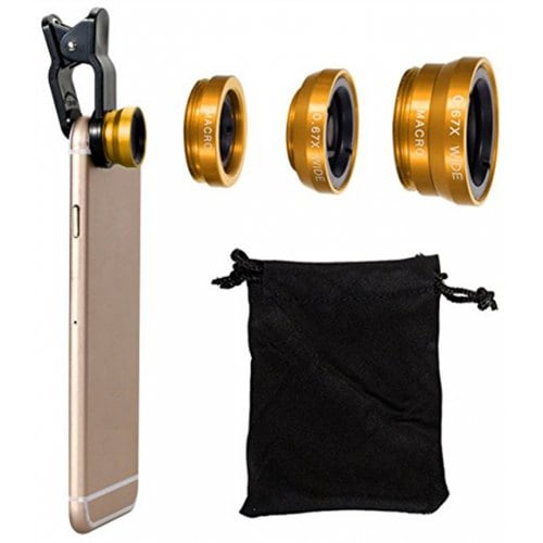 3 in 1 Mobile Phone Lenses Fish Eye Wide Angle Macro Camera for iPhone X - 12 Pro Max Xiaomi Huawei Samsung - GOLDEN - Click Image to Close