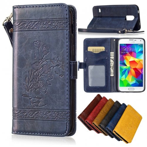 for Samsung Galaxy S5 Case Cover Embossed Oil Wax Lines Phone Case Cover PU Leather Wallet Style Case - BLUE - Click Image to Close