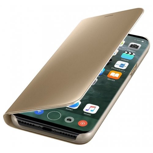 PU Leather Smart Clear View Flip Cover with Kickstand for iPhone 12 - 8 - GOLDEN - Click Image to Close