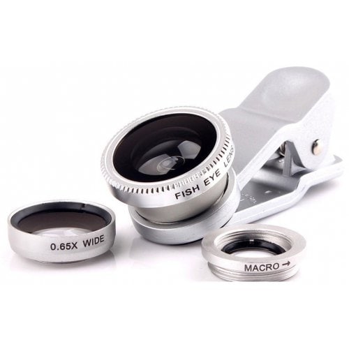 3 in 1 Mobile Phone Camera Lens Kit 180 Degree Fish Eye Lens + 2 in 1 Micro Lens + Wide Angle Lens Silver - SILVER - Click Image to Close