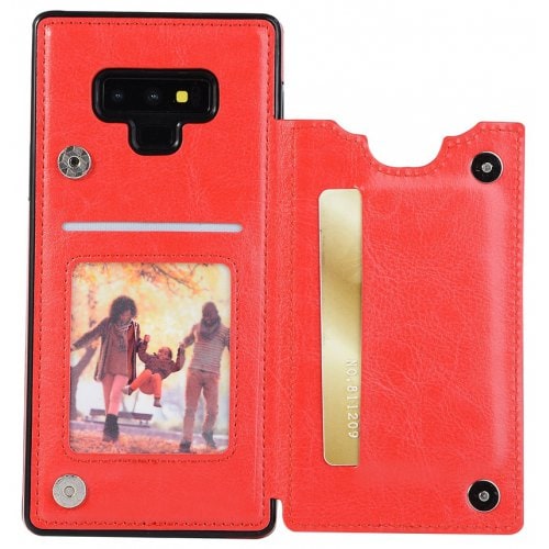 Card Holder with Stand Back Cover Solid PU Leather Case for Samsung Note 9 - RED - Click Image to Close