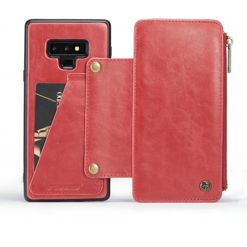 CaseMe Dachable 2 in 1 Business Zipper Leather Wallet Cover for Samsung Note 9 - RED - Click Image to Close
