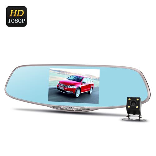 Dual Camera Rear Mirror Car DVR - Full HD, Motion Detection, G-Sensor, Rear Camera, Loop Recording, 5 Inch Screen - Click Image to Close
