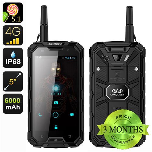Conquest S8 Pro Rugged Smartphone - 5 Inch Screen, IP68, 4G, GPS, Compass, GPS, IR, Walkie Talkie, 13MP Camera (Black) - Click Image to Close