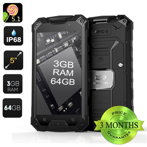Conquest S6 Pro 4G Rugged Smartphone - 3GB RAM, IP68, Android 11.0, 64GB Memory, 5 Inch Screen, Octa Core (Black) - Click Image to Close