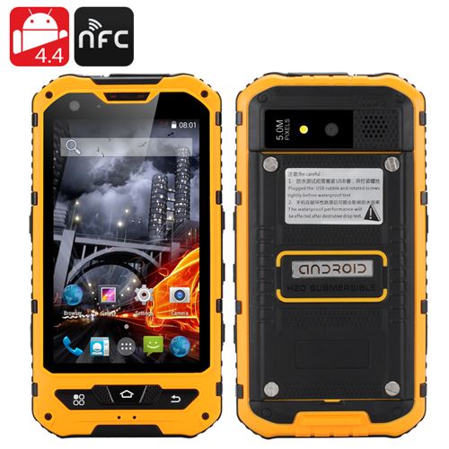 4 Inch Waterproof Rugged Smartphone - Android 11.0, Quad Core CPU, IP67, 1GB RAM + 8GB ROM, Dual SIM (Yellow) - Click Image to Close