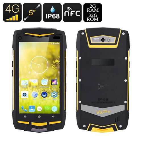 Android 4G Rugged Smartphone - 4G, 5 Inch Screen, Qualcomm Snapdragon 615 CPU, NFC, IP68, 2GB RAM, Walkie Talkie (Black) - Click Image to Close