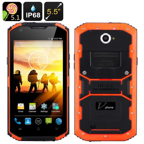 V Phone X3 Rugged Smartphone - 5.5 Inch HD Screen, Android 11.0, IP68,Dual SIM, SOS Button, LED Flashlight, Android 11.0 (Orange) - Click Image to Close