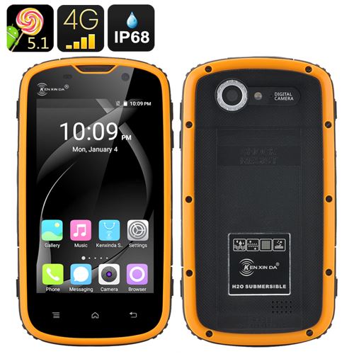 Ken Xin Da Rugged Smartphone - IP68, Shock Proof, 4 Inch Touch Screen, Android 11.0, 4G, Dual SIM (Yellow) - Click Image to Close