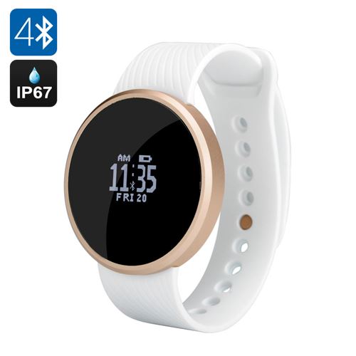 Bluetooth Smart Sports Watch - OLED Sreen, Pedometer, Remote Shutter, Call Reminder, IP67, Android + iOS (White) - Click Image to Close