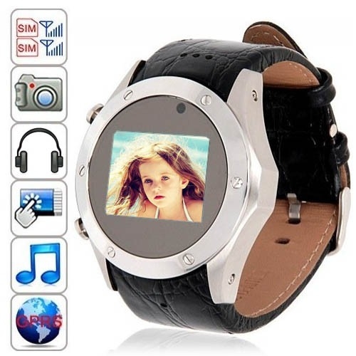 1.3 Inch OLED Touch Screen Leather Band Moblie Phone Watch with Dual SIM Card - Click Image to Close