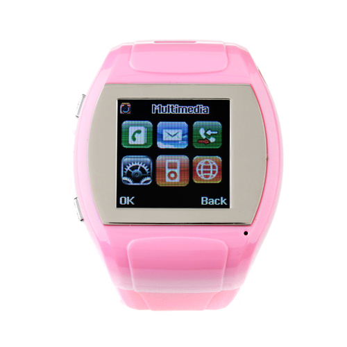 MQ007 Watch Phone Quad Band 1.5 Inch Touch Screen Camera Bluetooth FM Cellphone with Bluetooth Earphone - Pink - Click Image to Close