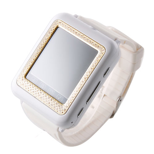 AK09+ Watch Phone with Diamonds Single SIM Card Camera FM Bluetooth 1.6 Inch Touch Screen- White & Golden - Click Image to Close
