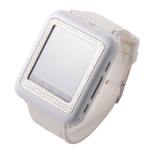 AK09+ Watch Phone with Diamonds Single SIM Card Camera FM Bluetooth 1.6 Inch Touch Screen- White & Silver - Click Image to Close