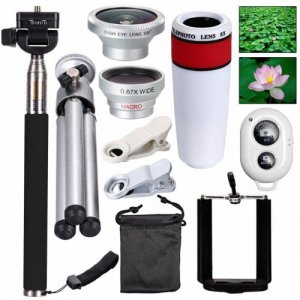 Three in One Fisheye Wide Angle Telephoto Lens Macro Telescope Head Selfie Stick - [8X WHITE] 10 IN 1 SET