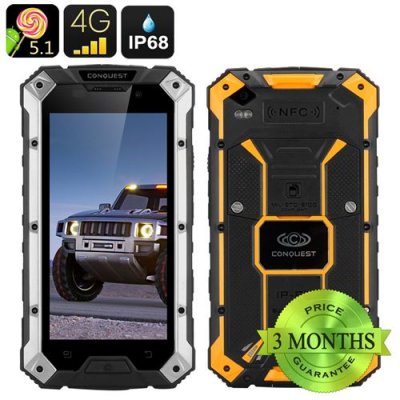 Conquest S6 Rugged Smartphone - 4G, 5 Inch HD Screen, Android 11.0, IP68, 3GB RAM, NFC (Silver Yellow)