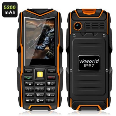 VKworld Stone V3 GSM Phone - IP67 Waterproof Rating, 5200mAh Battery Power Bank, 2.4 Inch Screen Bluetooth (Orange)