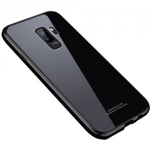 For Samsung Galaxy S9 Plus Bumper Case Metal Frame Tempered Glass Back Cover - BLACK
