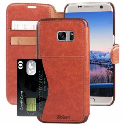 Leather Wallet Case with Cards Slot Metal Magnetic for Samsung Galaxy S7 Edge - MAHOGANY