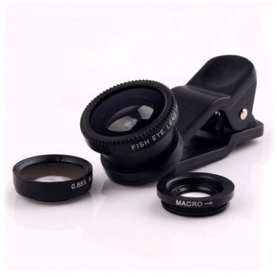 3 in 1 Mobile Phone Camera Lens Kit 180 Degree Fish Eye Lens + 2 in 1 Micro Lens + Wide Angle Lens - BLACK