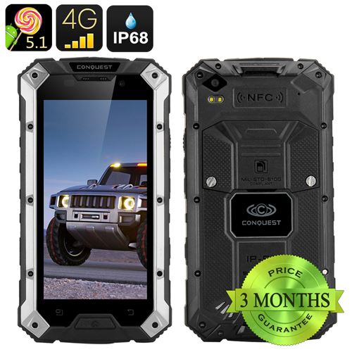 Conquest S6 Rugged Smartphone - IP68, 5 Inch HD Screen, 4G, Dual SIM Android 11.0, 3GB RAM, NFC (Silver Black)