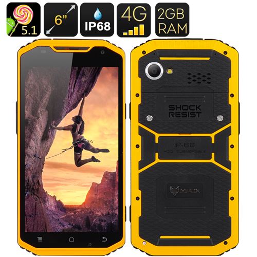 MFOX A10 Rugged Smartphone - 6 Inch 1920x1080 Screen, 64 Bit MTK6752 Octa Core, IP68, 2GB RAM, 4G, Android 11.0 (Yellow)